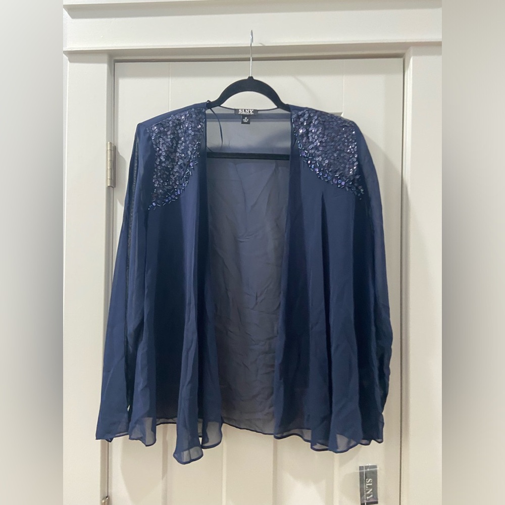Navy blue sheer cardigan with sequin and beaded shoulders SLNY size 16 NWT